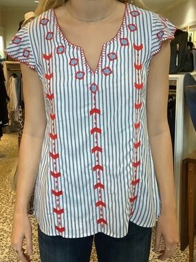 Tribal Sky Blue Striped Embroidered Flutter Sleeve Top, Size, Medium